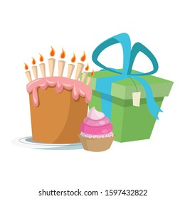gift box with birthday cake and cupcake over white background, vector illustration