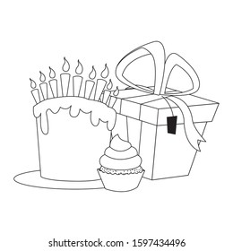 gift box with birthday cake and cupcake over white background, vector illustration