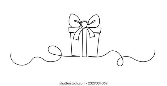 Gift Box Birthday or Christmas Continuous One Line Vector Outline Art Sketch. Celebration Events Present Bow Ribbon Box Minimal Doodle Abstract Simple Illustration. Holiday Package: Simple and Elegant