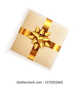 Gift box for Birthday or Christmas with golden holiday bow isolated on white background. Illustration with beautifully packaged gift can be used for holiday design, cards, invitations and banners.
