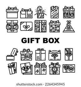 gift box birthday ribbon icons set vector. package surprise, holiday bow, christmas happy, celebration object, anniversary gift box birthday ribbon black contour illustrations