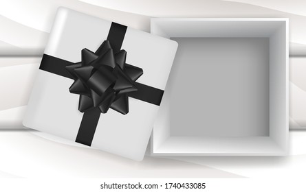 Gift box with black bow on a wooden board. Vector stock illustration for poster
