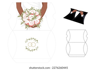 Gift Box Black Bride wedding die-cut template. White dress and bouquet of flowers in hands. Vector blueprint