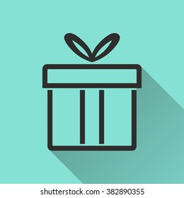 Gift Box  black icon with long shadow, flat design. Vector illustration.