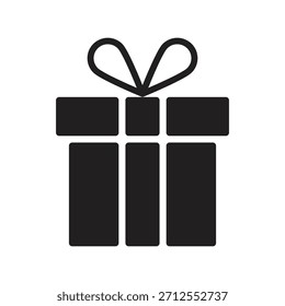 Icono negro de la caja de regalo. Presente, señal sorpresa. Paquete con la cinta y el símbolo del lazo. Cumpleaños, fiesta, celebración, aniversario, concepto de Navidad. Trazo editable. Ilustración vectorial. Diseño plano.