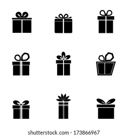 Gift box black icon set different styles. Holiday Presents. Vector illustration.