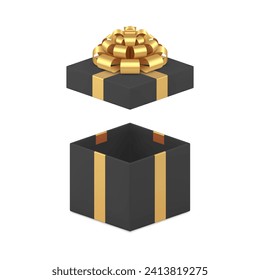 Caja de regalo contenedor de moda de tapa abierta negro para caros iconos 3d ilustraciones vectoriales realistas. Paquete brutal de lujo con arco dorado para almacenamiento sorpresa festivo y transporte de felicitaciones de vacaciones