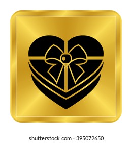 Gift box - black vector icon;  gold button