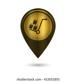 Gift box - black vector icon; golden  map pointer