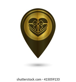 Gift box - black vector icon;  golden map pointer