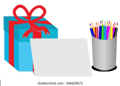 Gift Box, Blank Paper and Color Pencils 