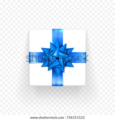 Gift box with blue bow ribbon design template for Birthday, New Year or Christmas holiday giftbox or greeting card decoration. Vector isolated blue Bday bow gift wrapper on transparent background
