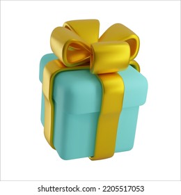 Gift box blue with gold bow 3d render. Vector illustration for a festive Christmas or birthday design. Realistic present