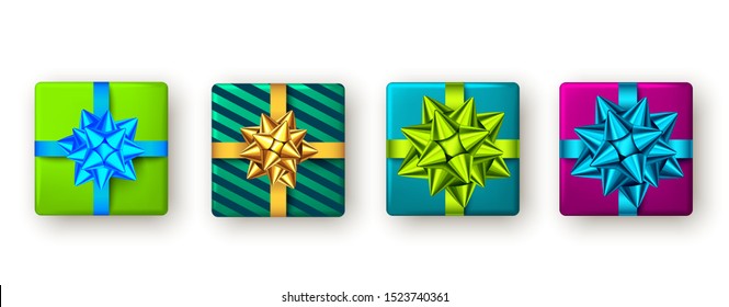 Gift box with blue, green and golden ribbon and bow, top view. Christmas, New Year party, Happy birthday or Valentine day package design. Present isolated on white background. Vector.