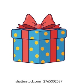 Gift box with blue polka dots and red ribbon bow, graphic vector illustration isolated over white background for birthday or holiday celebration, present for special occasion.