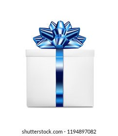 Gift box with blue ribbon and bow.