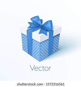 Gift box with blue ribbon and bow. Vector 3d illustration. Christmas decoration