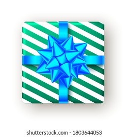 Gift box with blue ribbon and bow, top view. Christmas, New Year party, Happy birthday or Father day package design. Present isolated on white background. Vector.