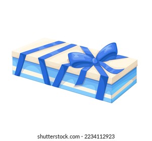 Gift box with blue ribbon and bow vector illustration. Cartoon isolated male surprise present for birthday or anniversary, Fathers Day or Christmas, festive closed square gift package with silk tape