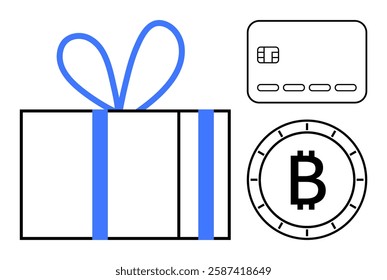 Gift box with blue ribbon, credit card, and Bitcoin symbol. Ideal for e-commerce, digital payments, online shopping, cryptocurrency, gifting, financial transactions, holiday shopping. Line metaphor