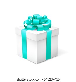 Gift box with blue ribbon isolated on white background. Vector illustration.