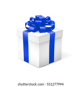 Gift Box With Blue Ribbon Isolated On White Background. Vector Illustration.