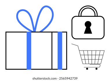 Gift box with blue ribbon on left side. Lock symbol and shopping cart icon on right side. Ideal for ecommerce, online shopping security, holiday promotions, gift services, and digital marketing