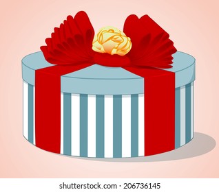 Gift box with blue stripes with a red bow