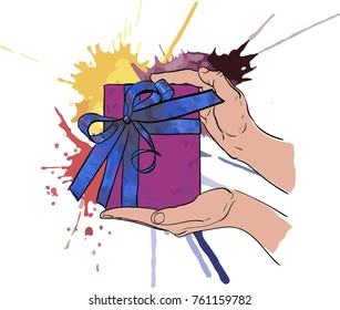 gift in a box with a blue tape in hands