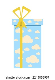 Gift in box with blue wrapping paper with clouds, yellow ribbon and bow. Vector illustration isolated design