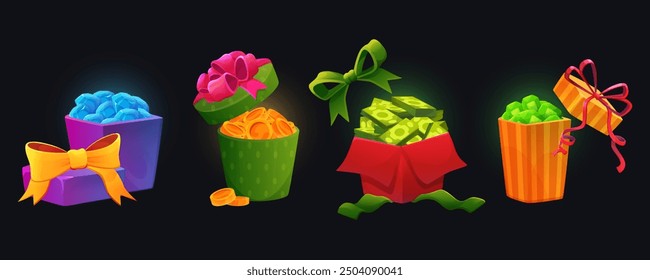 Gift box bonus. Chest pack, cartoon icon game ui. Gold and gem stones, green cash money, casino game, present. Magic open surprise, party bundle wrapped inside. Vector secret prize isolated elements