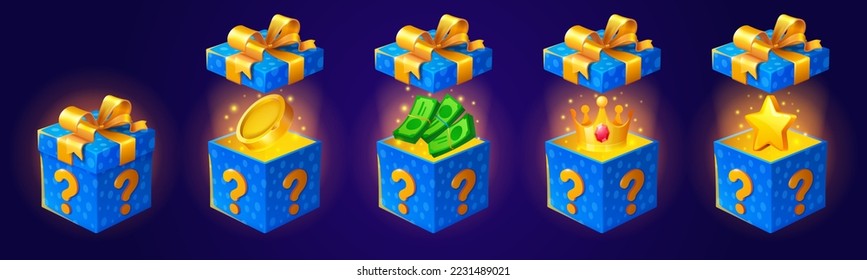 Gift box with bonus, coins, bills, crown, star and mystery closed present with question sign. Packs in blue wrapping paper and bows. Game, draw, surprise, money award isolated Cartoon vector icons set