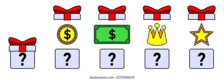 Gift box with bonus, coins, bills, crown, star and closed present with question sign. Game, draw, surprise, money award. Vector flat icon isolated on white background.