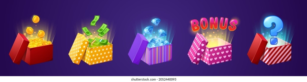 Gift box and bonus  money coins   bills  diamonds   mystery present and question sign  3d objects in colorful wrapping paper   bows  Game  draw  casino award isolated Cartoon vector icons set