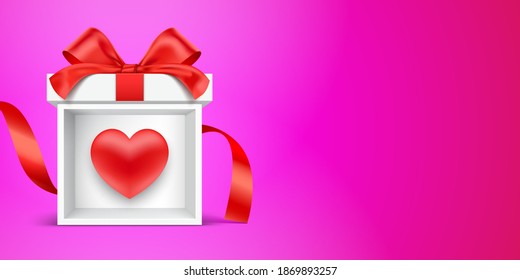 Gift box booth, with the red ribbon, and heart icon. Valentines day horizontal greeting card design, with the white present box on the pink background with copy space. Romantic 3D vector illustration.