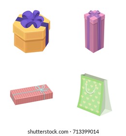 Gift box with bow, gift bag. Gifts and certificates set collection icons.
