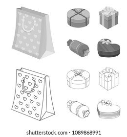 Gift box with bow, gift bag.Gifts and certificates set collection icons in outline,monochrome style vector symbol stock illustration web.
