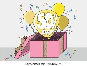 gift box with bow and balloons coming out with discount