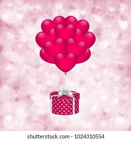 Gift box with bow and balloons on a blurry bokeh background with hearts. Vector illustration for Valentine's Day greeting cards.