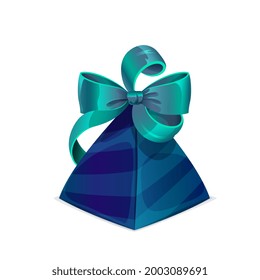 Caja de regalo con arco, cumpleaños o regalo de boda con cinta azul y verde, vector. Caja de regalo de joyería presente en envoltorio, celebración de vacaciones paquete de regalo de lujo de forma triángulo