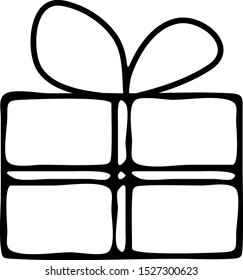 Gift box with bow black and white doodle style. Hand drawn vector illustration for New Year, Christmas and other holiday, celebrate gift