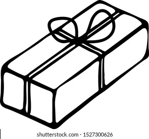 Gift box with bow black and white doodle style. Hand drawn vector illustration for New Year, Christmas and other holiday, celebrate