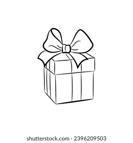 Gift box with bow. Black and white vector illustration, coloring book.