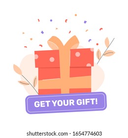 Gift box with bow. Button Get your gift. Badge for promotions and social networks. Bonuses, discounts and rewards for customers. Bright vector flat illustration.