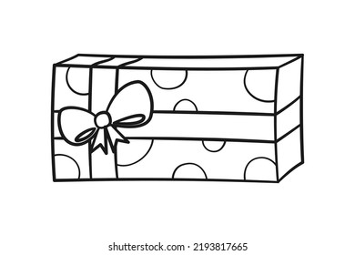 Gift box with bow cartoon. Christmas or birthday present illustration outline. Coloring book page printable activity worksheet for kids.