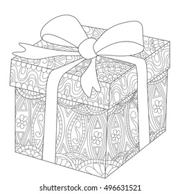 Gift box with bow coloring book vector illustration. Anti-stress coloring for adult. Zentangle style. Black and white lines. Lace pattern