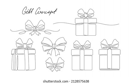Gift box and bow in continuous line art drawing style. Holiday event concept minimalist vector illustration
