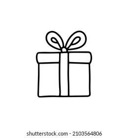 Caja de regalo con un arco en el estilo de doodle. Ilustración vectorial dibujada a mano. Borde negro de una caja de regalo aislada en un fondo blanco. Elemento para tarjetas de felicitación, carteles, pegatinas y diseño estacional.