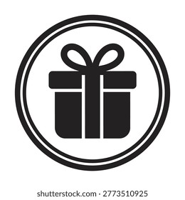 A gift box with a bow, encased in a double circle, representing a present or special occasion.