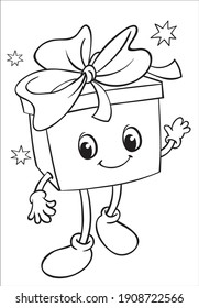 Gift box with bow and eyes. Coloring. Cartoon Vector Illustration. Illustration and vector outline - A4 paper ready to print.